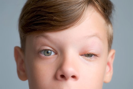 Face of boy with a swollen eye from an insect bite, closeup view. Allergy to insect bites. Closed red sick eye of a teen boy. Eye disease in a child, inflammation in the eye.の写真素材