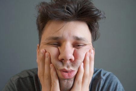 Tired boring shaggy young man is looking at camera on grey background. He is keeping his head by hands. Depression, apathy, and mental illness in the modern world. Middle age crisis.の写真素材