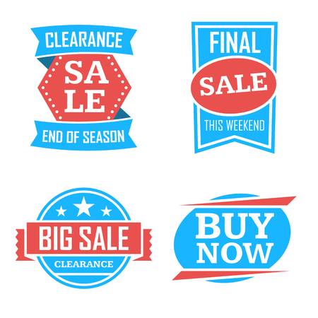 Season sale badges and tags bright design vector set for banners, promotional brochures, discount posters, shopping Flyer, clearance Advertising. collection sale objects and icons.のイラスト素材