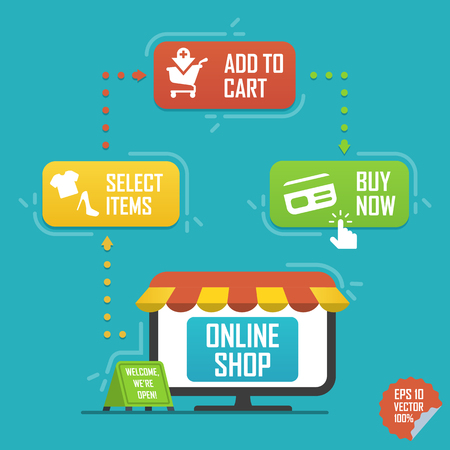 Flat design concept for online shopping, delivery, support and add to bag. Modern style vector illustrationのイラスト素材