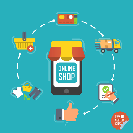 Flat design concept for online shopping, delivery, support and add to bag. Modern style vector illustrationのイラスト素材
