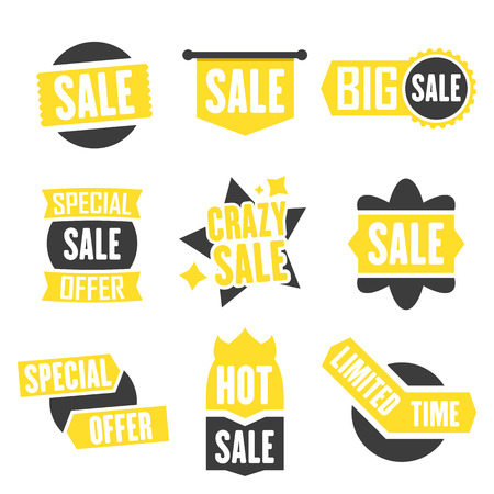 Season sale badges and tags bright design vector set for banners, promotional brochures, discount posters, shopping Flyer, clearance Advertising. collection sale objects and icons.のイラスト素材