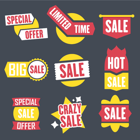 Season sale badges and tags bright design vector set for banners, promotional brochures, discount posters, shopping Flyer, clearance Advertising. collection sale objects and icons.のイラスト素材