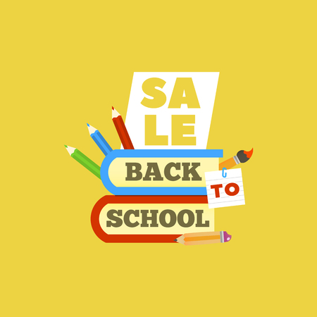 Sale Back to school emblem with book. Bright vector illustration.のイラスト素材