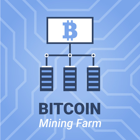 Bitcoin mining farm illustration with title. Computer mining cryptocurrency sign on on chipset backgroundのイラスト素材
