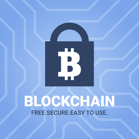 Blockchain illustration with tittle on chipset background. Bitcoin sign on lock imageのイラスト素材