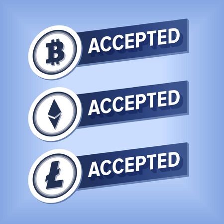 Bitcoin, litecoin accepted here sticker. Bitcoin, ethereum, litecoin accepted here sticker. Cryptocurrencies are accepted. Button to your app design and websites.のイラスト素材