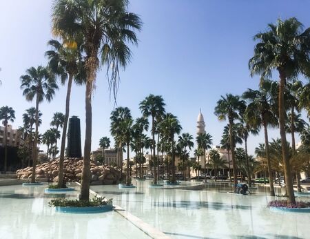 Palm trees around the fountain against the backdrop of a mosque. Arab country. Jordan, Aqaba.のeditorial素材