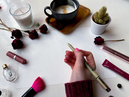 On the office desk is a sheet of white paper for inscription. Around laid out cosmetics, dry roses,...