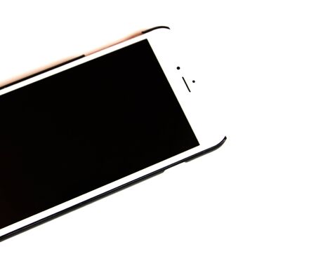 White mobile phone with a black screen on a white isolated background. Can be used for decoration and design.の写真素材
