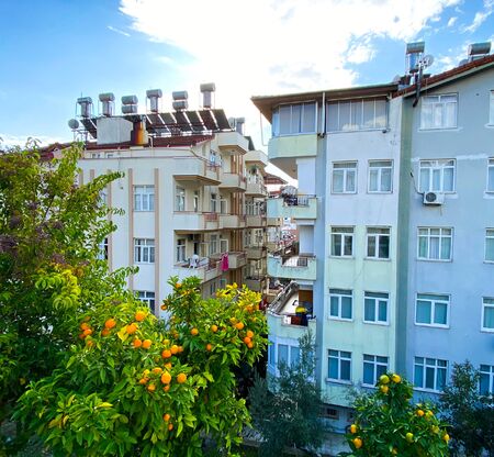 Type of Turkish residential buildings. there are solar panels and tanks for heating water on the roof . In front of the houses grows a tree with oranges. Sunny day. Turkey. Manavgat. November 12, 2019.のeditorial素材