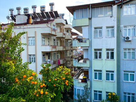 Type of Turkish residential buildings. there are solar panels and tanks for heating water on the roof . In front of the houses grows a tree with oranges. Sunny day. Turkey. Manavgat. November 12, 2019.の写真素材