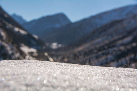 Ala Archa mountain gorge, Kyrgyzstan, sunny snowy background, selective focus.の写真素材