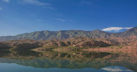 morning on mountain lake Issyk-Kul, Kyrgyzstanの写真素材