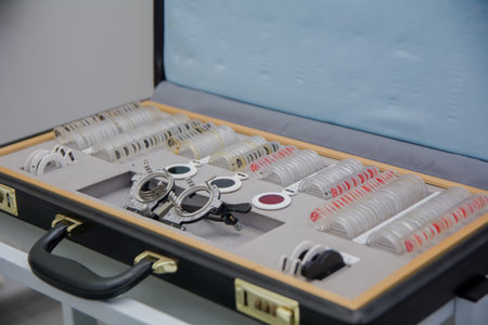 Ophthalmologist's kit, briefcase with lenses and glasses for checking vision.
