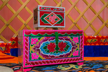 Kyrgyz national chest for things, trimmed with metal.の写真素材