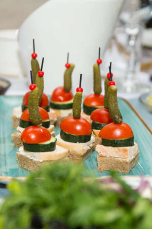 Pickled canapes, bread, cherry tomato, cheese. Cold snacks. Selective focusの写真素材