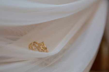 The wedding rings lie on the decorated fabric. Selective focus
