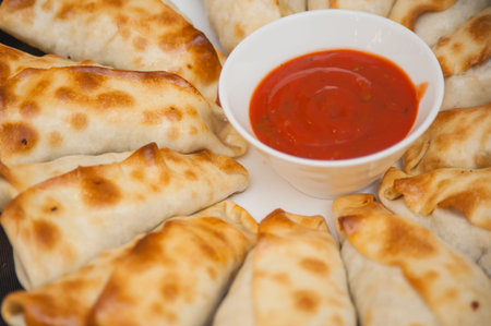 Fried samsa lie in a circle on a tray with tomato sauceの写真素材