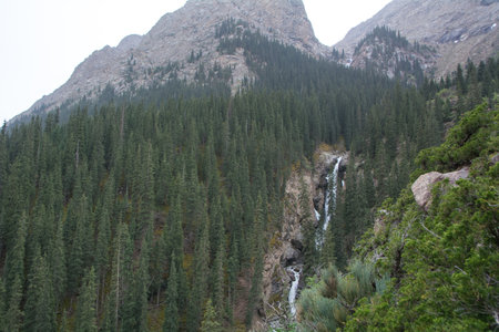 Mountain waterfall in the Barskoon gorge and Jeti-Oguz Kyrgyzstanの写真素材