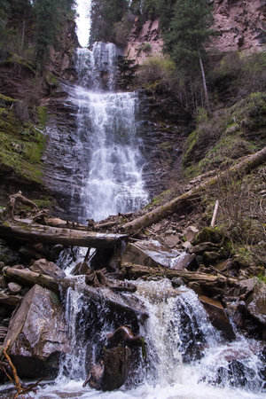 Mountain waterfall in the Barskoon gorge and Jeti-Oguz Kyrgyzstanの写真素材