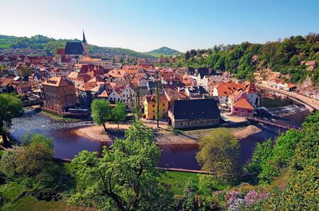 Cesky Krumlov, The Czech Republic: APRIL 29, 2017-Panorama of the historical part of Cesky Krumlov and Church of St. Vitius. Spring morning view. Czech Republic.のeditorial素材