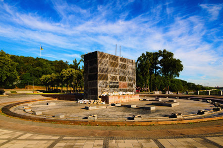 Kyiv, Ukraine-July 03,2022: Wide-angle view of Monument to Founders of Kyiv: Kiy, Schek, Khoryv and...