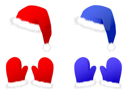New Years set: red and blue caps and mittens. のイラスト素材