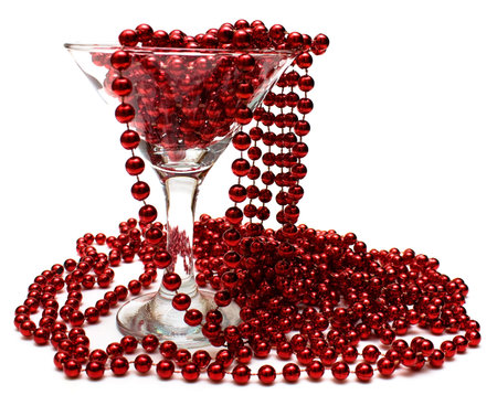 Wine allegory  necklace of red beads in glass and around it の写真素材
