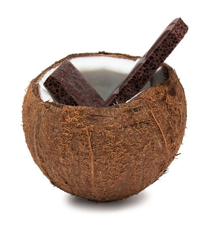Chocolate bar in coconut isolated on whiteの写真素材