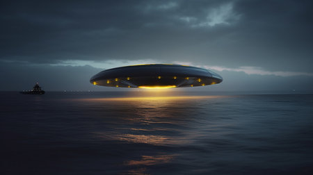 UFO flying over the sea at night. 3D rendering.の素材