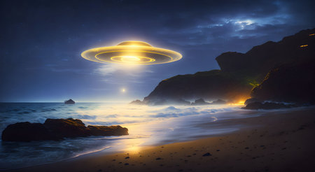 Fantasy landscape with flying saucer in the sky. 3d renderingの素材