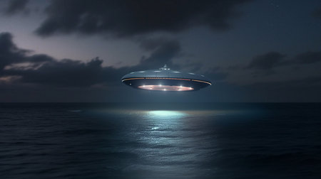 UFO flying over the sea. 3D rendering. Fantasy.の素材