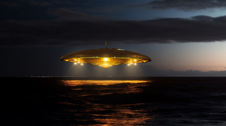 UFO flying over the sea at night. 3D rendering.の素材