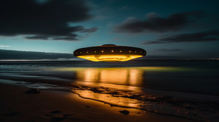 Illuminated UFO flying over the sea at night. 3d renderingの素材