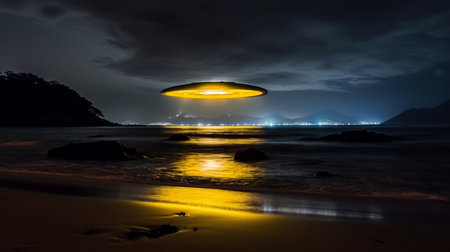 Flying saucer over the beach at night. 3d rendering.の素材