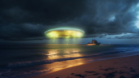 fantasy alien planet. Flying saucer over the sea. 3d renderingの素材