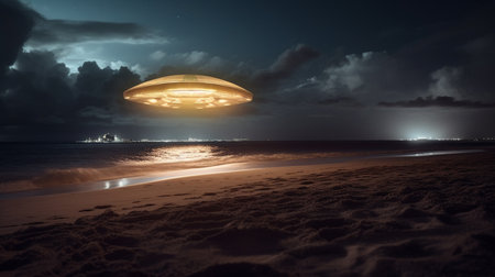 UFO flying over the beach at night. 3d rendering.の素材