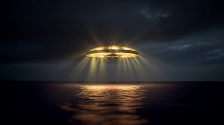 Flying saucer in the night sky over the sea. 3d renderingの素材