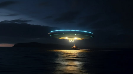 Futuristic Ufo flying over the sea at night. 3d renderingの素材