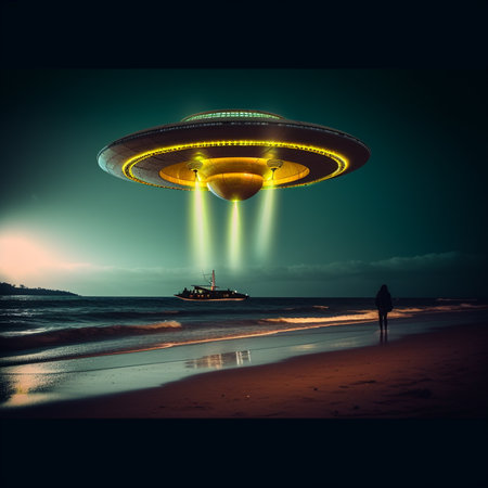 UFO flying over the sea at night, 3d illustration.の素材