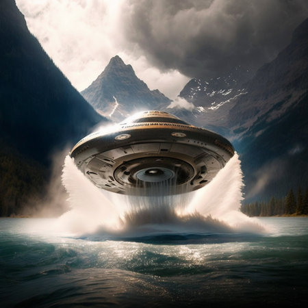 UFO flying over the water. Fantastic alien landscape. 3D renderingの素材