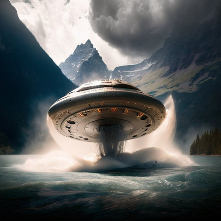 UFO flying over the water in the fjord, Switzerlandの素材