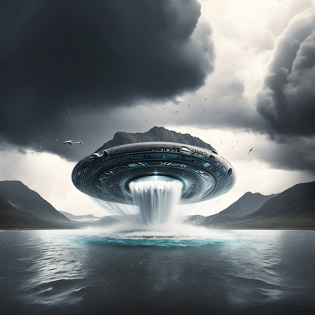 Alien spaceship flying in the sky above the sea. 3d renderingの素材