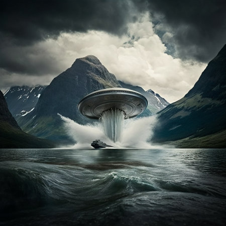 Futuristic UFO flying over the fjord. mixed mediaの素材