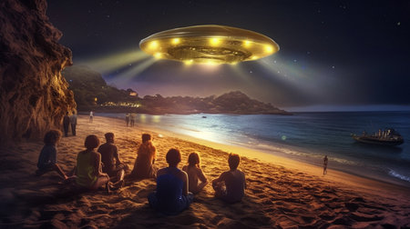 UFO in the night sky over the beach.3d renderingの素材