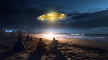 Fantasy landscape with people sitting on the beach and watching a UFO flying saucerの素材