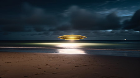UFO flying over the beach at night. 3d rendering.の素材