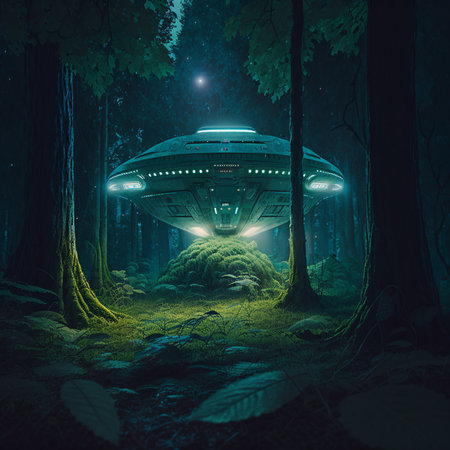 UFO in the dark forest at night. 3D rendering.の素材