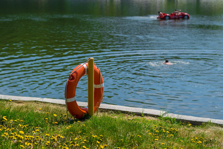 a life preserver on the shore of the lake in the background